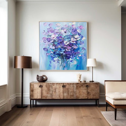 Vibrant Floral Abstract Oil Painting in Blue and Purple Tones for Modern Decor