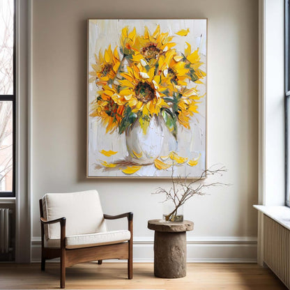Vibrant Sunflower Bouquet in White Vase | Original Oil Painting Decor