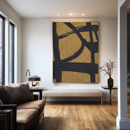 Gold and Black Abstract Minimalist Oil Painting for Modern Home Decor