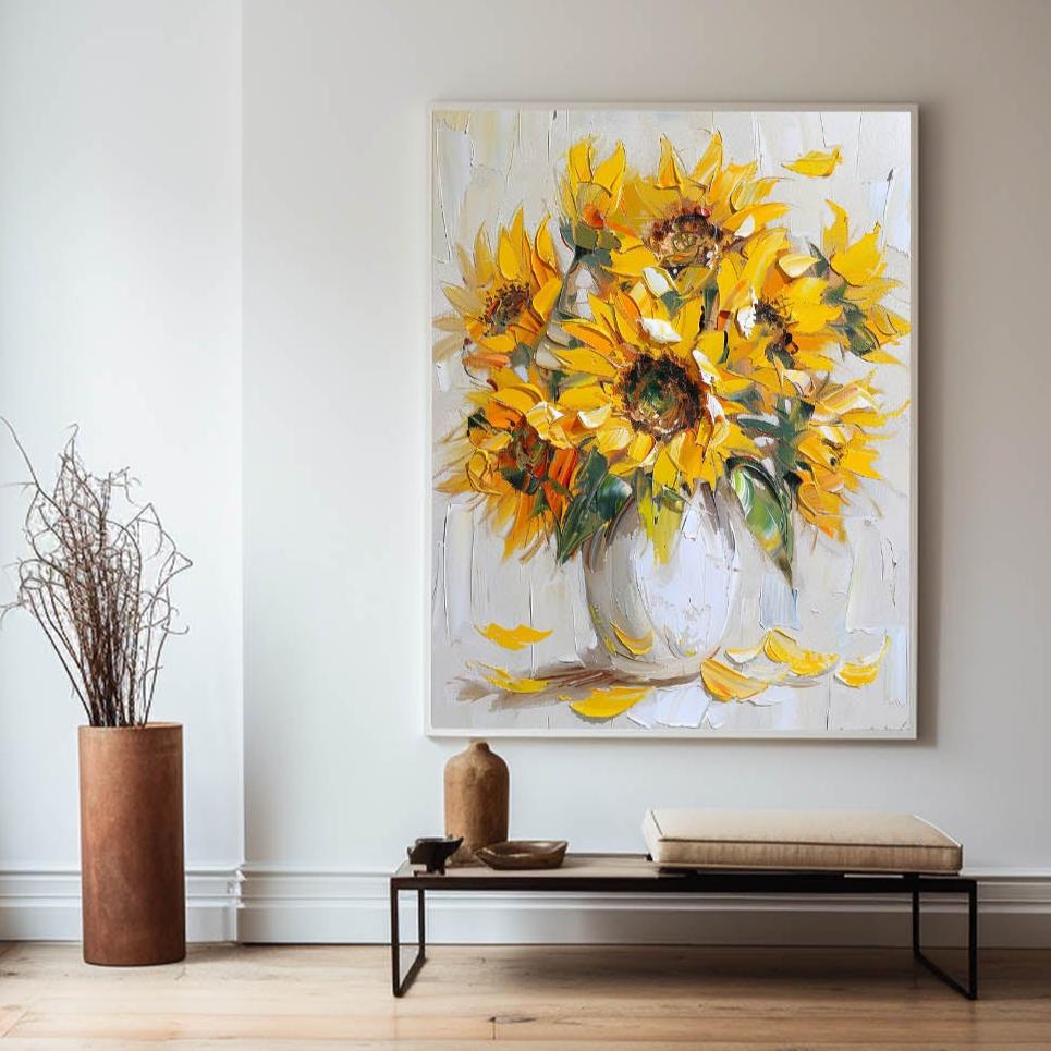 Vibrant Sunflower Bouquet in White Vase | Original Oil Painting Decor