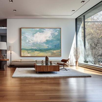 Serene Coastal Sky and Sea Oil Painting for Tranquil Home Decor