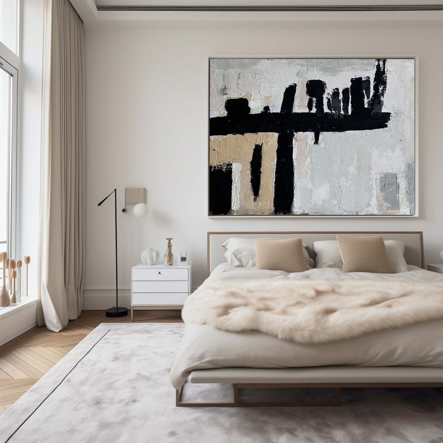 Abstract Wabi-Sabi Oil Painting in Black, White, and Beige for Modern Decor