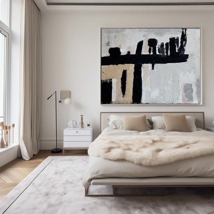 Abstract Wabi-Sabi Oil Painting in Black, White, and Beige for Modern Decor