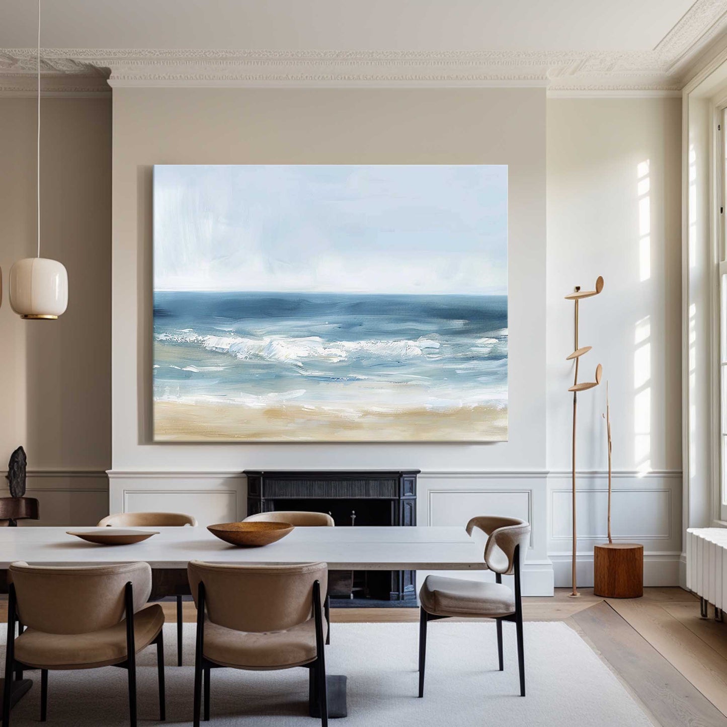 Serene Coastal Oil Painting with Gentle Waves and Soft Sand Shoreline