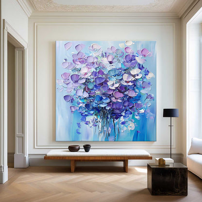 Vibrant Floral Abstract Oil Painting in Blue and Purple Tones for Modern Decor