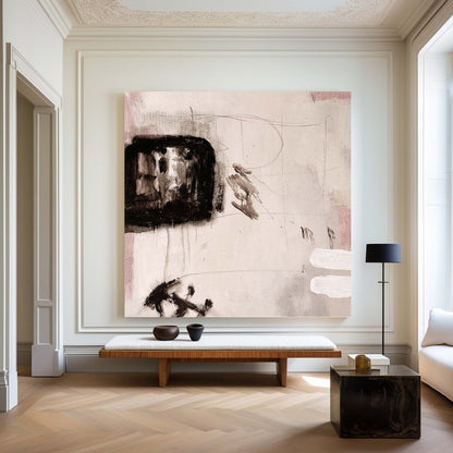 Contemporary Abstract Oil Painting with Bold Black and Soft Pink Accents