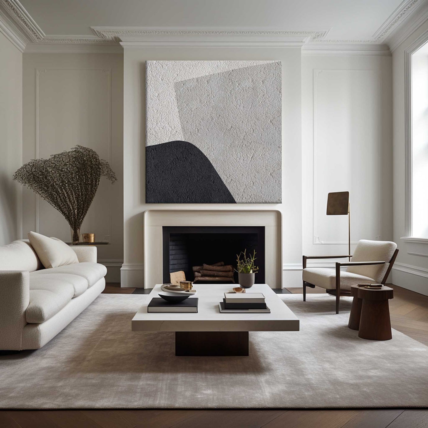Monochrome Minimalist Oil Painting | Modern Black, White, and Grey Abstract Art for Home Decor