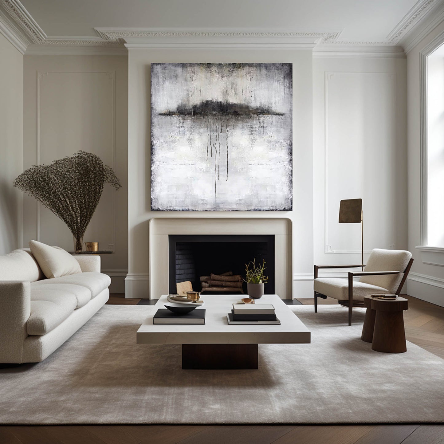 Elegant Black and White Abstract Ocean Landscape Oil Painting for Modern Decor