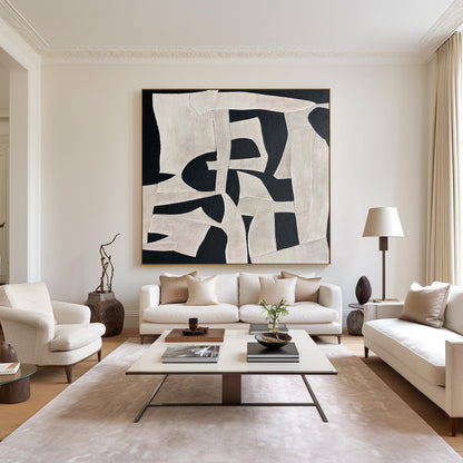 Chic Modern Abstract Oil Painting in Black and White for Stylish Home Décor