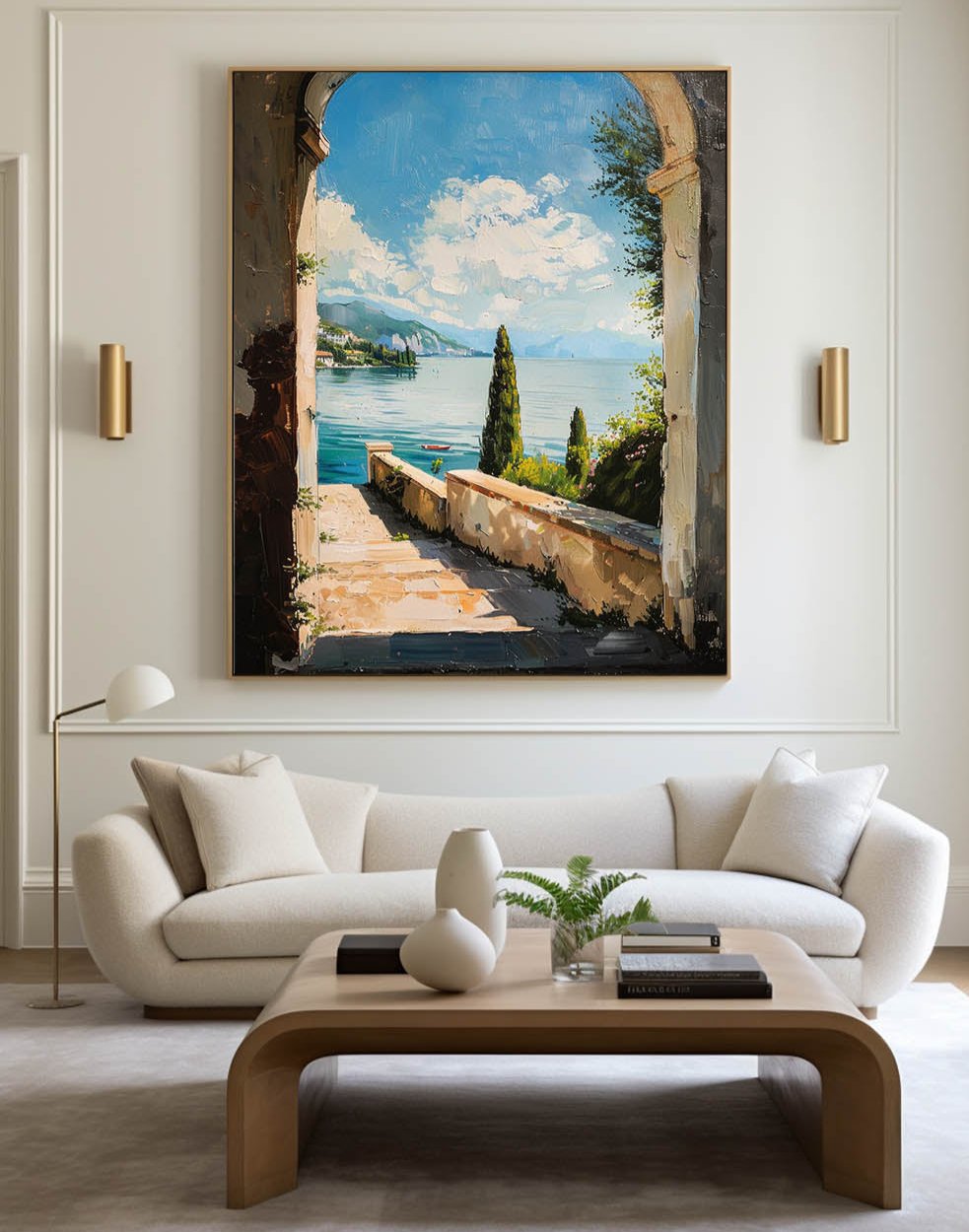 Picturesque Ocean View: Vibrant Oil Painting of Serene Lake and Nature