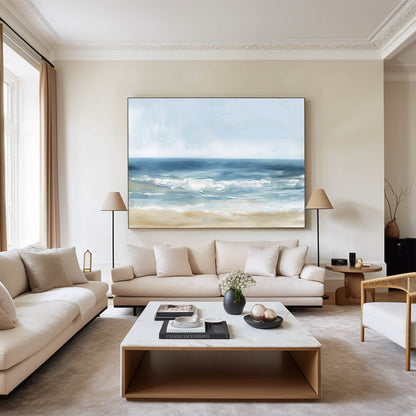 Serene Coastal Oil Painting with Gentle Waves and Soft Sand Shoreline