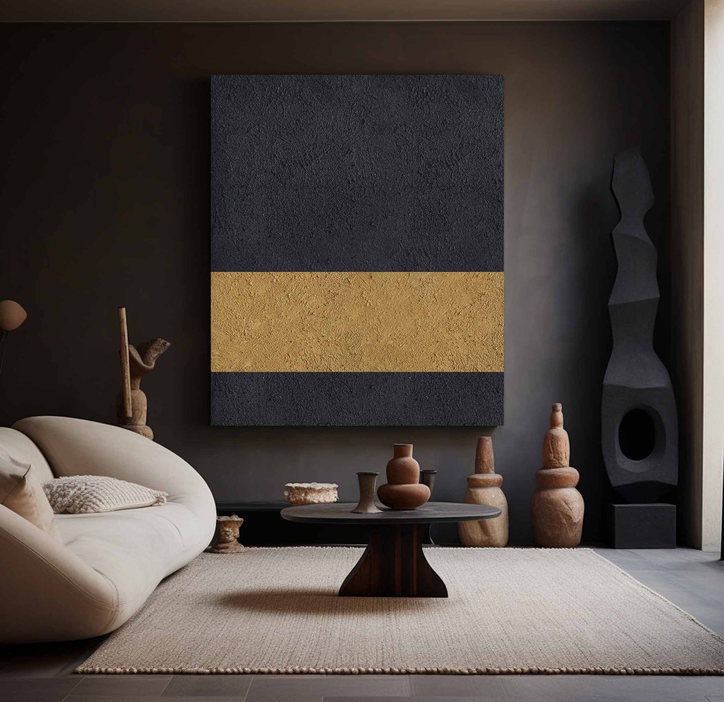 Elegant Black and Gold Abstract Minimalist Oil Painting for Modern Decor