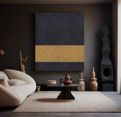 Elegant Black and Gold Abstract Minimalist Oil Painting for Modern Decor