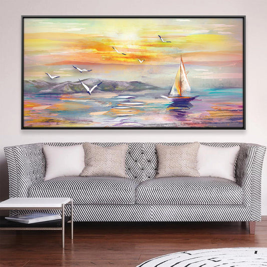 Serene Sailing Symphony: Vibrant Oil Painting of Sunset Waves and Seagulls