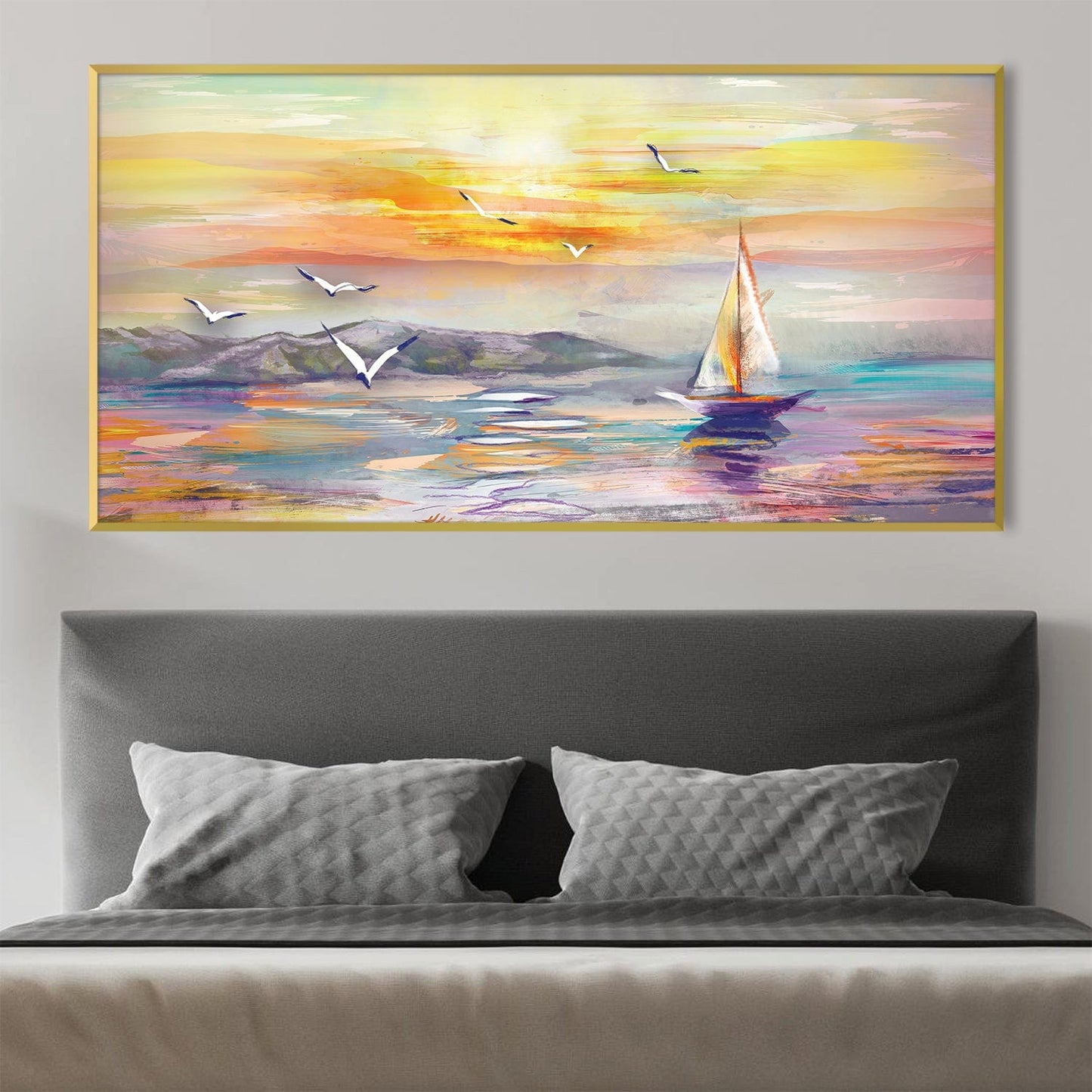 Serene Sailing Symphony: Vibrant Oil Painting of Sunset Waves and Seagulls