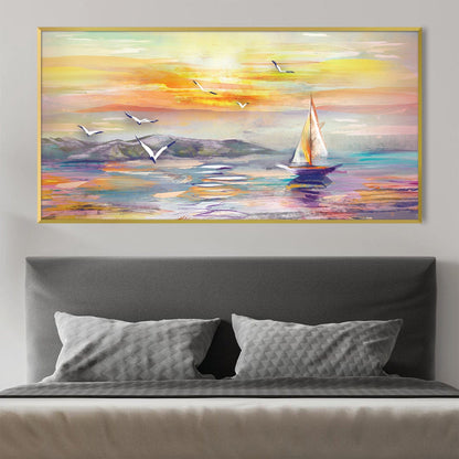 Serene Sailing Symphony: Vibrant Oil Painting of Sunset Waves and Seagulls