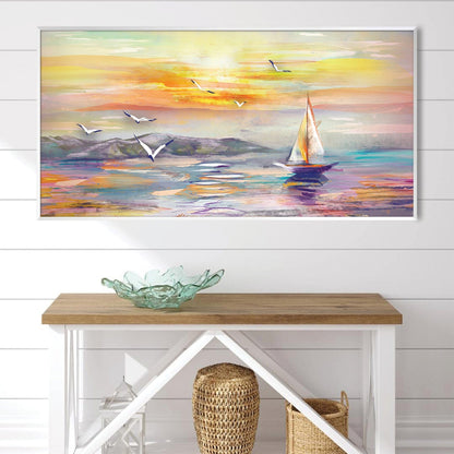 Serene Sailing Symphony: Vibrant Oil Painting of Sunset Waves and Seagulls