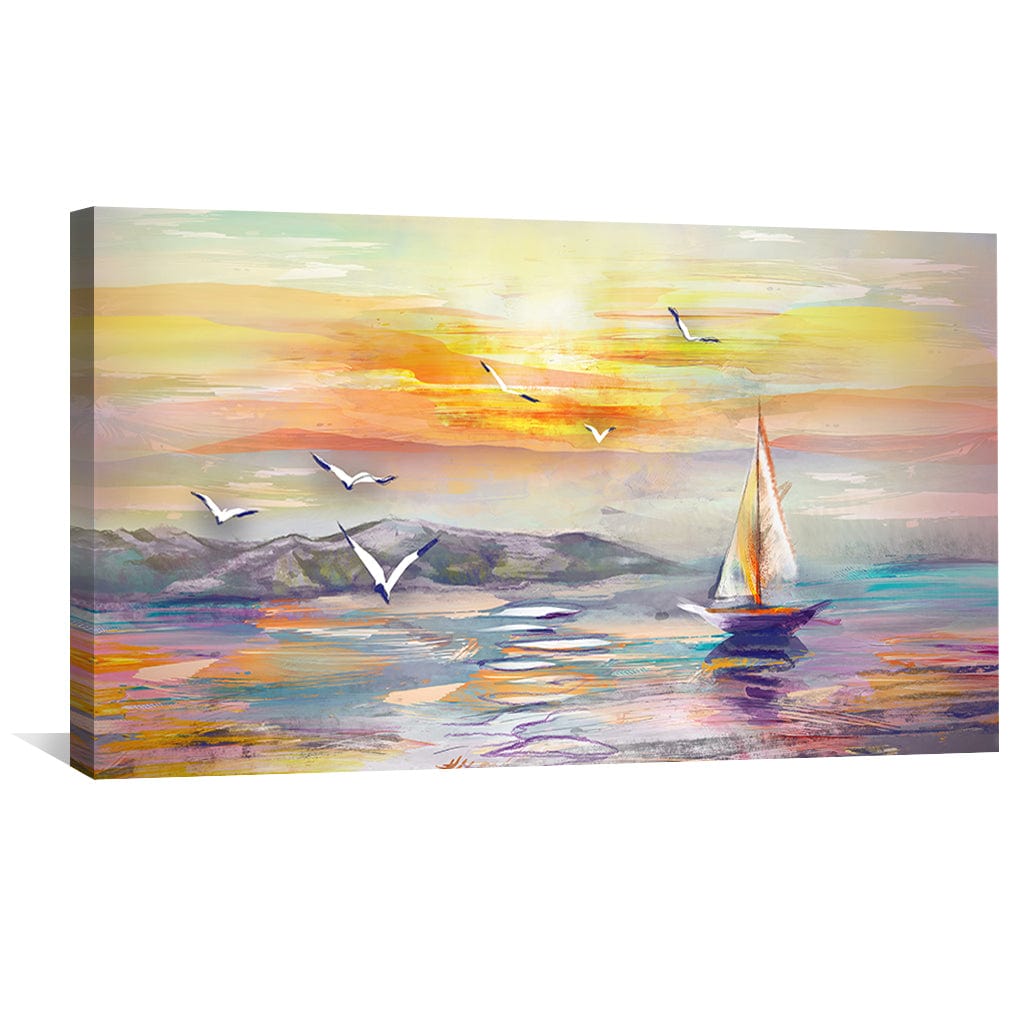 Serene Sailing Symphony: Vibrant Oil Painting of Sunset Waves and Seagulls