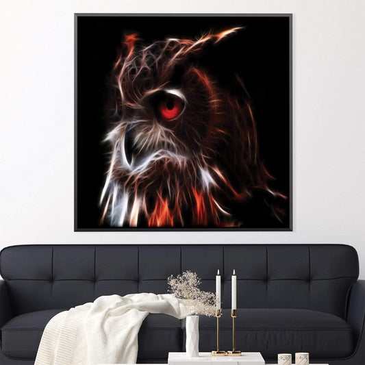 Majestic Owl Oil Painting with Striking Red Eyes and Fiery Details