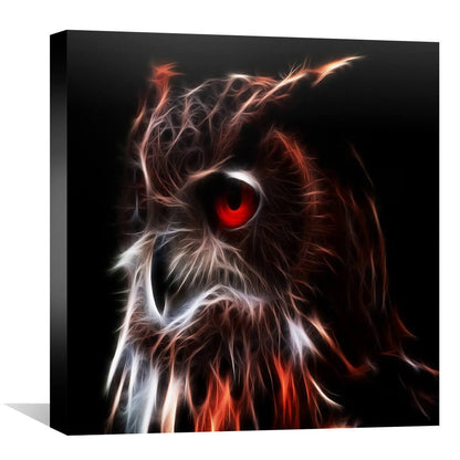 Majestic Owl Oil Painting with Striking Red Eyes and Fiery Details