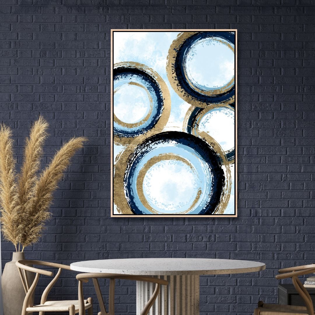 Abstract Gold and Blue Circle Lines Oil Painting for Modern Decor