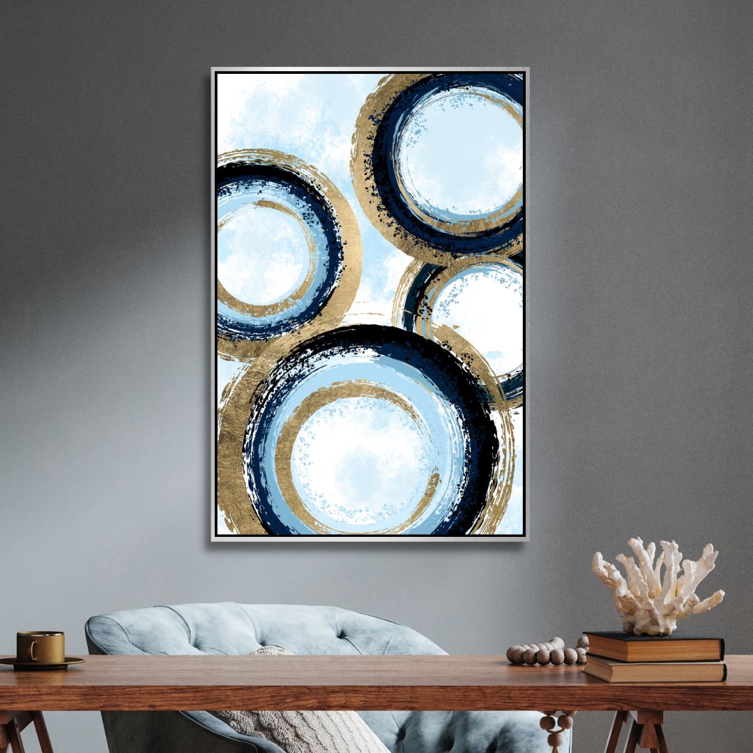 Abstract Gold and Blue Circle Lines Oil Painting for Modern Decor