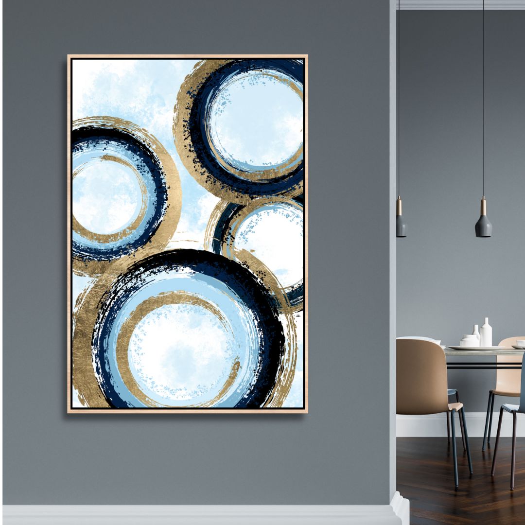 Abstract Gold and Blue Circle Lines Oil Painting for Modern Decor