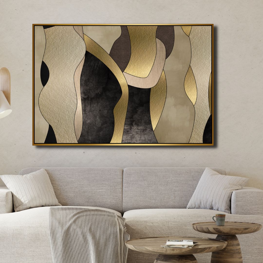 Abstract Gold, Black, and Beige Shapes Oil Painting for Modern Home Decor