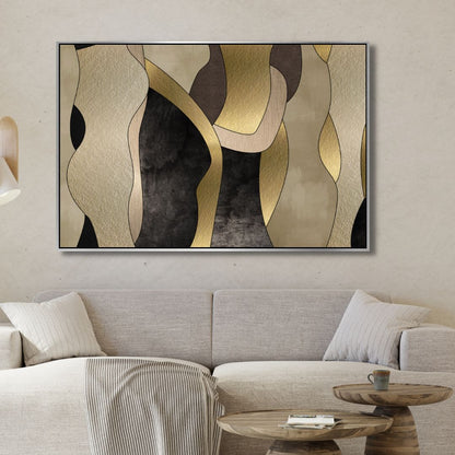 Abstract Gold, Black, and Beige Shapes Oil Painting for Modern Home Decor