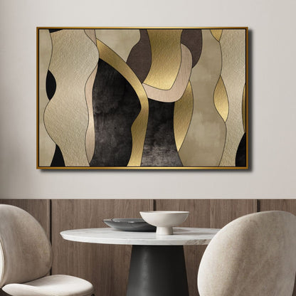 Abstract Gold, Black, and Beige Shapes Oil Painting for Modern Home Decor