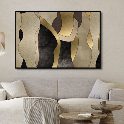 Abstract Gold, Black, and Beige Shapes Oil Painting for Modern Home Decor