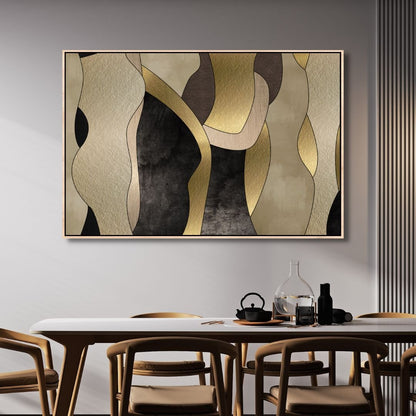 Abstract Gold, Black, and Beige Shapes Oil Painting for Modern Home Decor