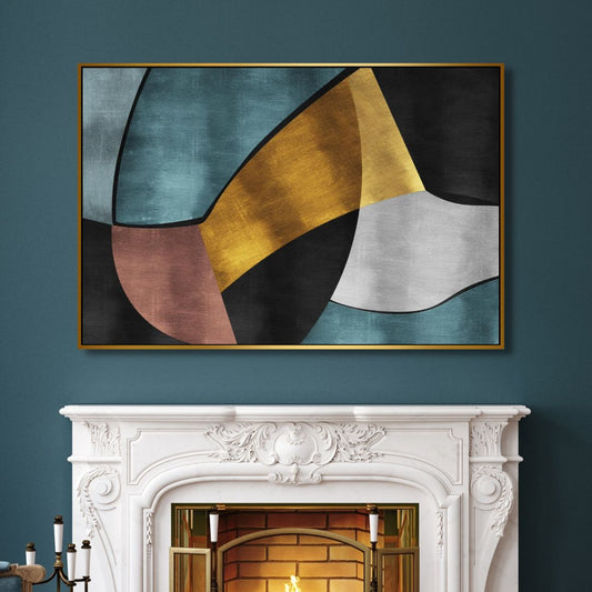 Geometric Abstract Oil Painting in Gold, Blue, and Gray for Modern Home Decor