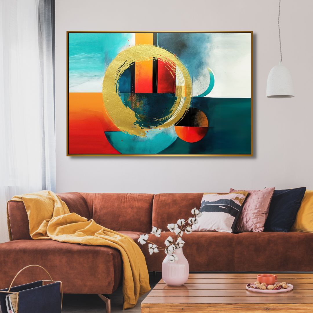 Vibrant Gold and Blue Geometric Abstract Oil Painting for Modern Decor