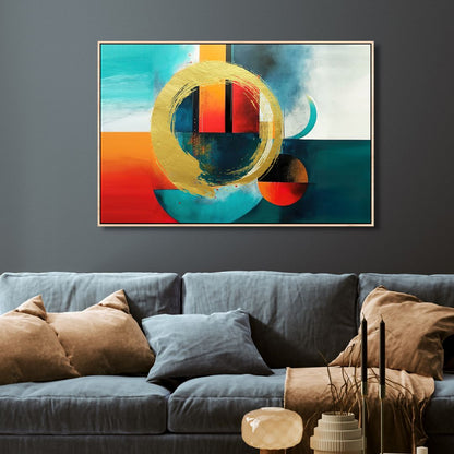 Vibrant Gold and Blue Geometric Abstract Oil Painting for Modern Decor