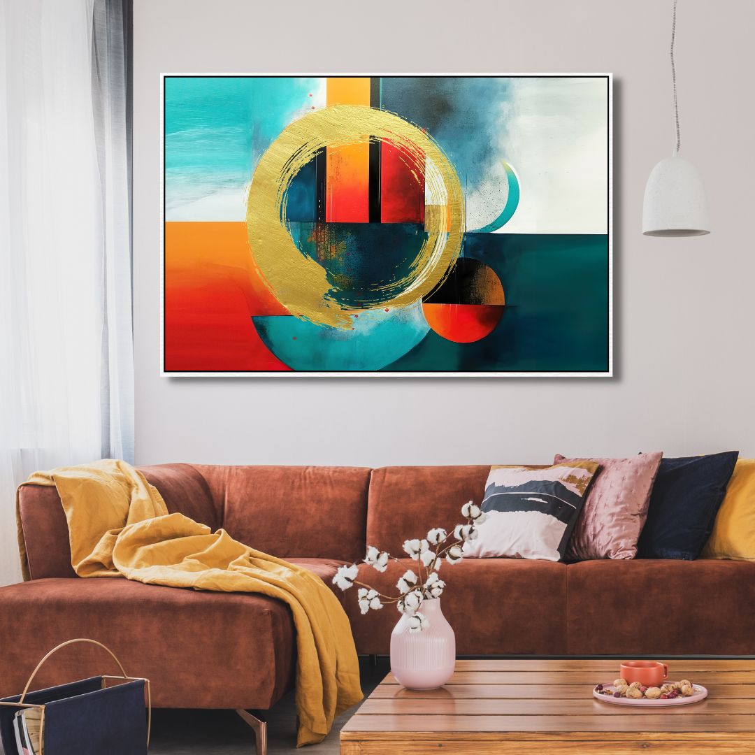 Vibrant Gold and Blue Geometric Abstract Oil Painting for Modern Decor