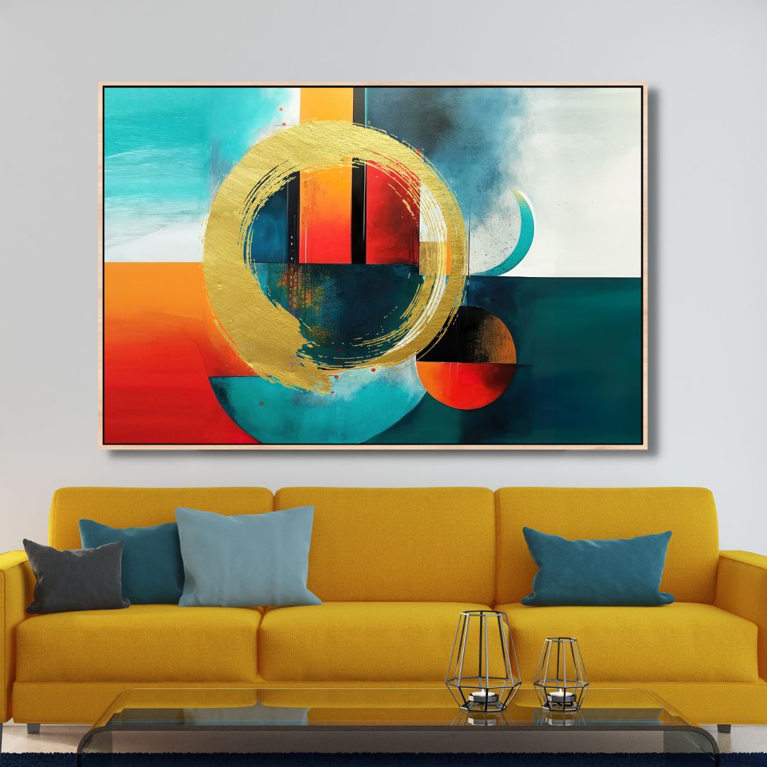 Vibrant Gold and Blue Geometric Abstract Oil Painting for Modern Decor