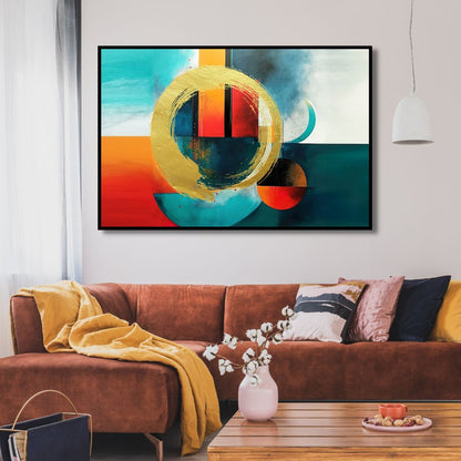 Vibrant Gold and Blue Geometric Abstract Oil Painting for Modern Decor