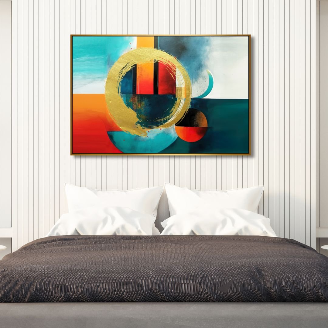 Vibrant Gold and Blue Geometric Abstract Oil Painting for Modern Decor