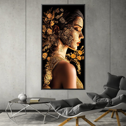 Elegant Golden Floral Portrait Oil Painting for Modern Decor