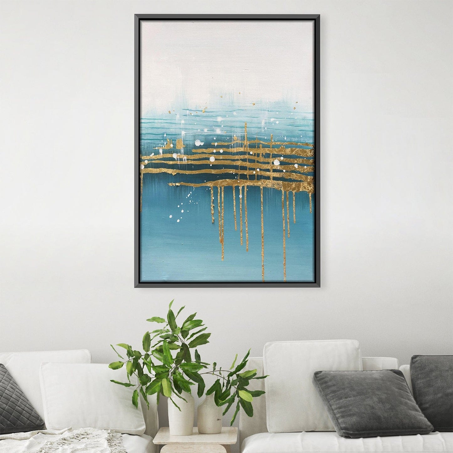Luminous Abstract Ocean Drip Oil Painting with Gold Accents for Modern Decor