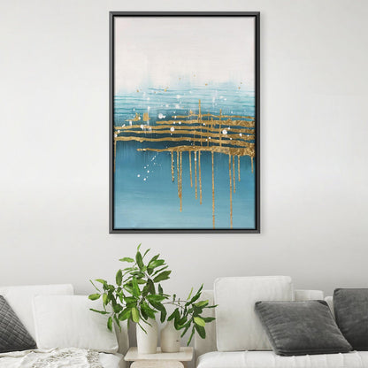 Luminous Abstract Ocean Drip Oil Painting with Gold Accents for Modern Decor