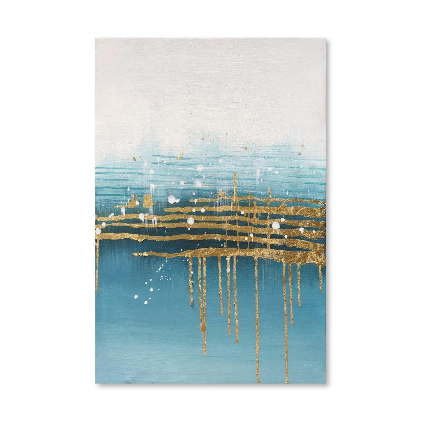 Luminous Abstract Ocean Drip Oil Painting with Gold Accents for Modern Decor