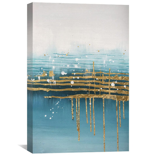 Luminous Abstract Ocean Drip Oil Painting with Gold Accents for Modern Decor