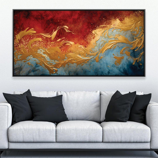 Abstract Gold and Red Waves Oil Painting for Modern Home Decor