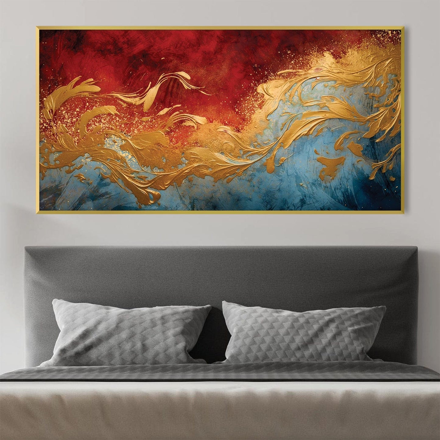 Abstract Gold and Red Waves Oil Painting for Modern Home Decor