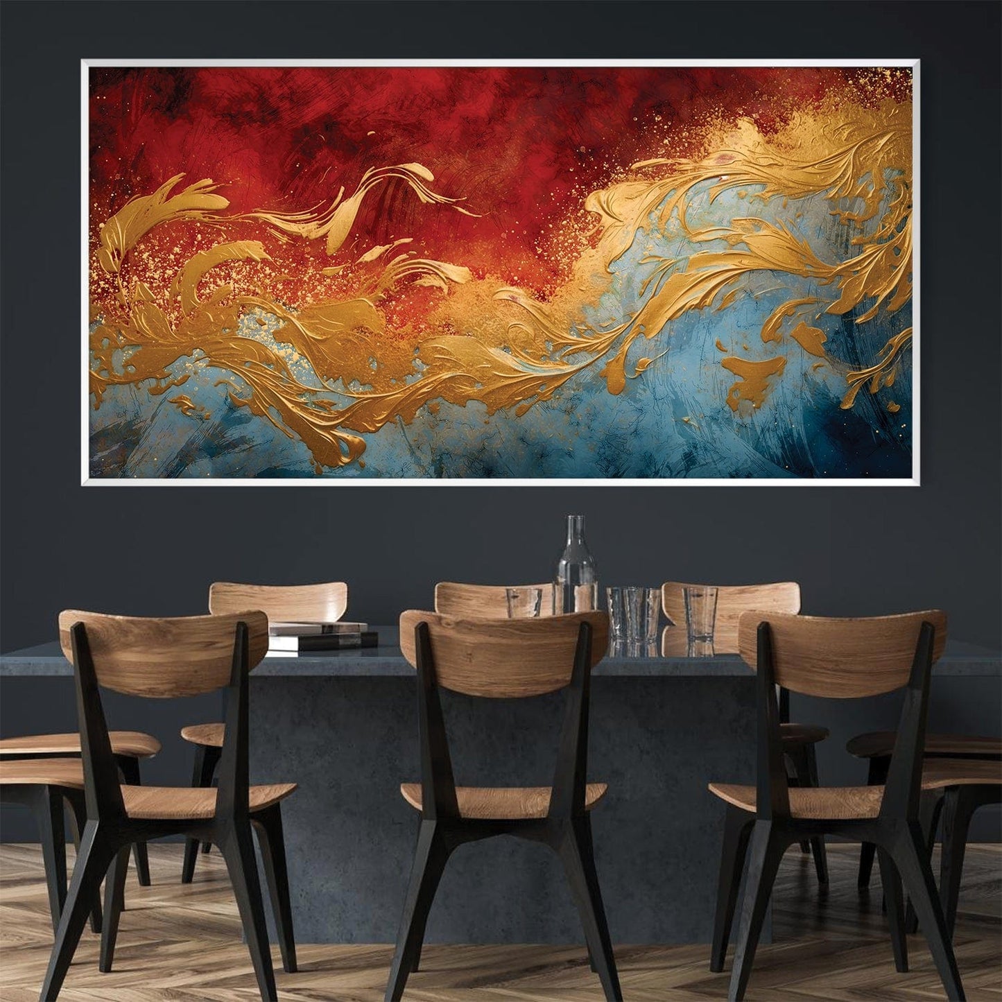 Abstract Gold and Red Waves Oil Painting for Modern Home Decor