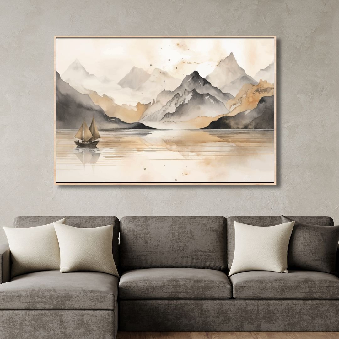 Serene Golden Lake Landscape with Majestic Mountains in Chinese Style