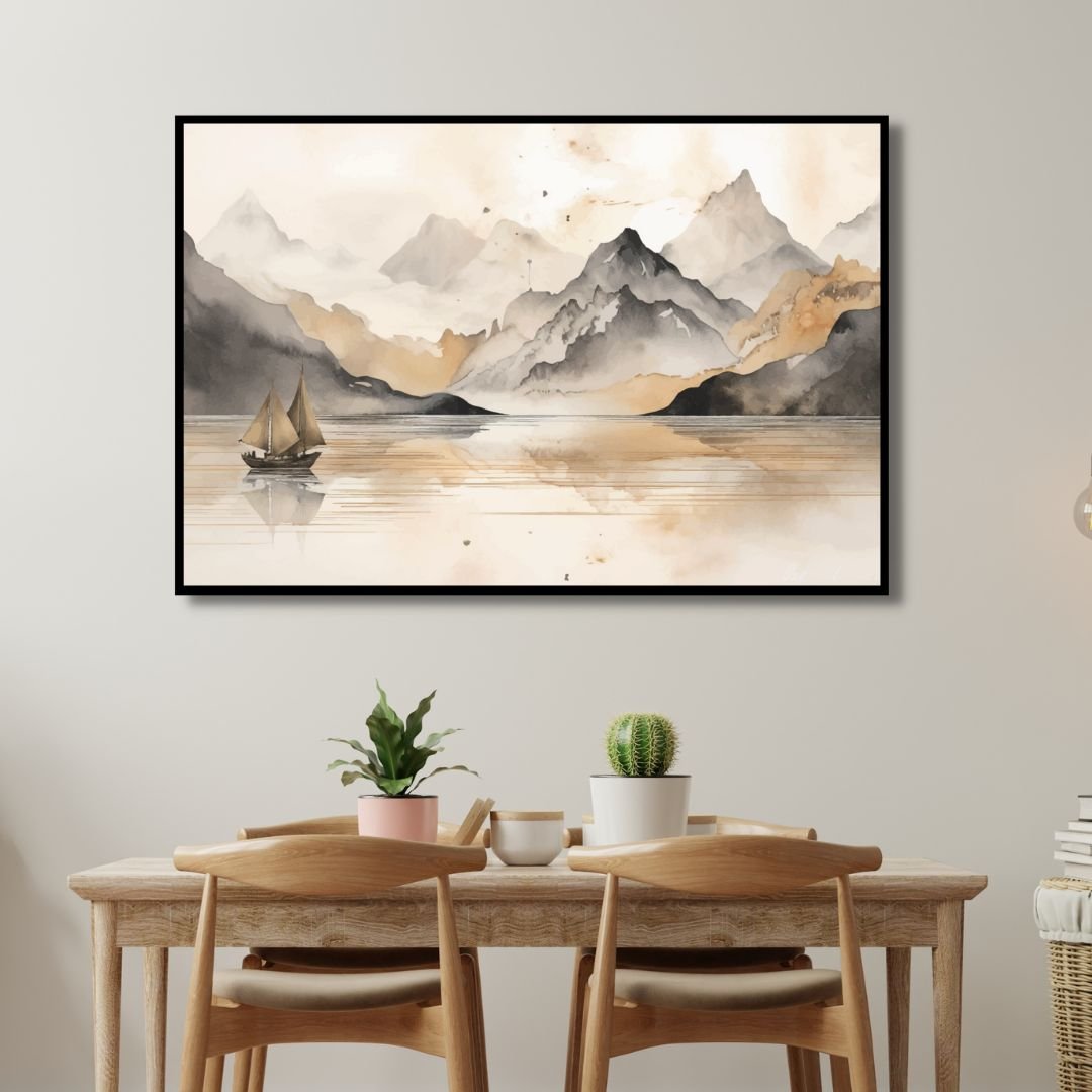 Serene Golden Lake Landscape with Majestic Mountains in Chinese Style