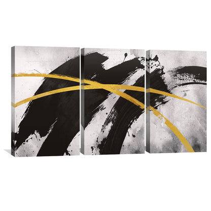 Abstract Black and Gold Triptych Oil Painting for Modern Home Decor
